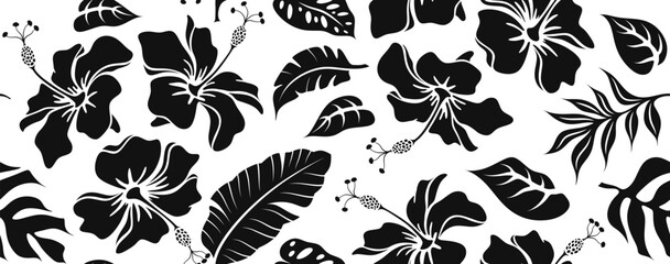 Abstract shape leaf and hibiscus flower organic seamless pattern. black floral leaves geometric pattern on white background. © andin