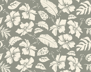 Abstract hibiscus flowers and leaves Seamless pattern. aloha Hawaiian shirt background. © andin