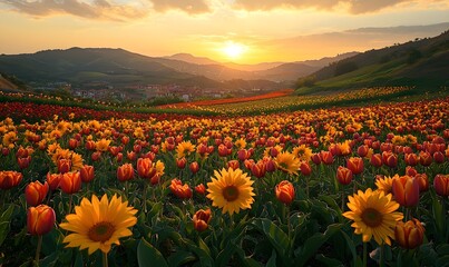 Fototapeta premium Sunflower field with red tulips at golden sunset over green hills