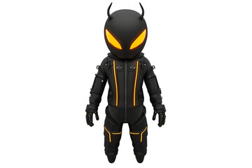 Fototapeta premium A stylized character with a large head, glowing yellow eyes, and a black suit featuring orange accents, resembling a futuristic or sci-fi figure.