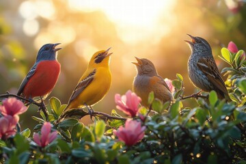 Obraz premium Colorful birds singing together in a vibrant spring garden during sunset