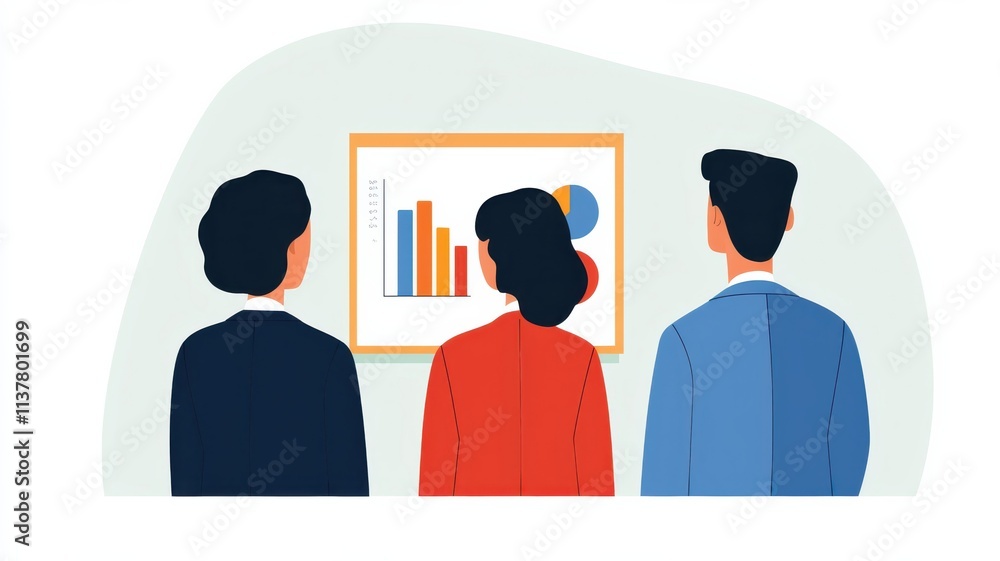 Aufkleber goal vision concept, three people observing a presentation with graphs and charts, engaged in analys