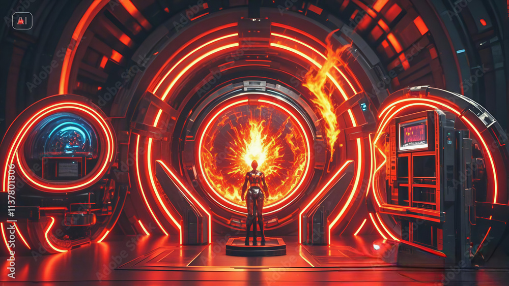 Fototapete futuristic digital design with red light patterns and circular motion in a space-themed interface