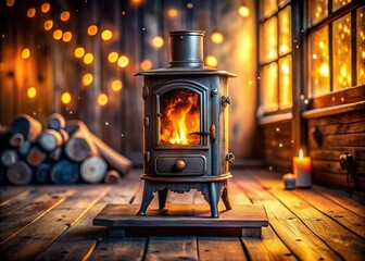 Rustic Cast Iron Wood Stove, Bokeh Background, Cozy Fireplace, Vintage Wood Burner, Warm Interior, Old Fireplace, Home Heating, Countryside Charm, Autumn Ambiance