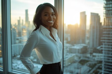 Fototapeta premium Smiling black woman in a white shirt poses by a window in a city office with soft lighting showcasing a skyline view