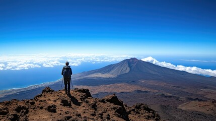 Fototapeta premium A hiker standing on a mountain peak under a vast and cloudless blue sky.