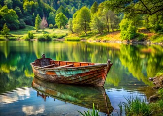 Obraz premium Rustic Charm of an Old Fishing Boat on a Lake Shore Surrounded by Nature's Bounty and Serenity Captured in Stunning Detail for Product Photography