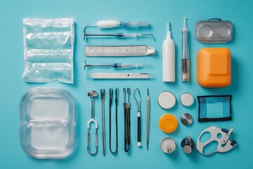 Medical equipment and tools arranged on a blue background, top view. AI generated illustration