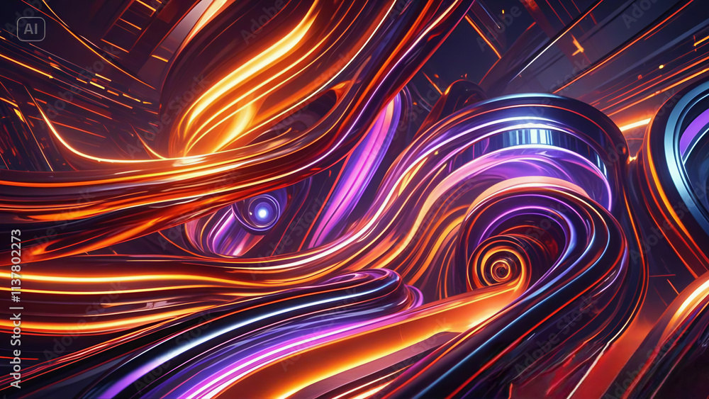 Poster Futuristic glowing lines with abstract energy patterns and colorful fractal design in a vibrant space backdrop