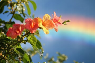 Obraz premium Colorful hibiscus flowers bloom under a clear sky with a vibrant rainbow in the background