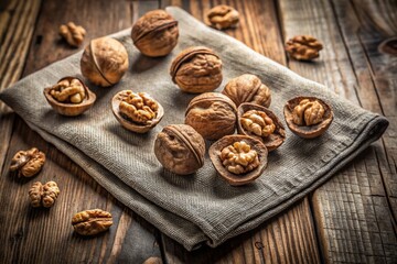 Obraz premium Rustic Minimalist Composition of Tasty Walnuts with Cracked Shells on a Natural Wood Table Styled with a Simple Napkin, Perfect for Food and Culinary Photography