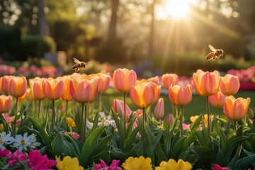 Obraz premium Spring bees pollinating vibrant tulips in a colorful garden at sunset