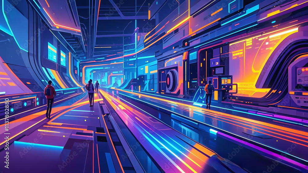 Poster nighttime highway with car lights creating motion trails in a tunnel and on the bridge