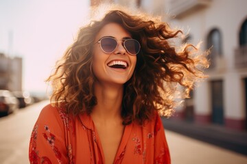 Carefree female tourist enjoying summer vacation in a sunny city, wearing sunglasses and smiling with curly hair blowing in the wind