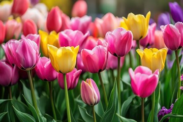 Fototapeta premium Colorful tulip garden in spring showcasing vibrant blooms in various shades