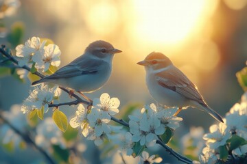 Obraz premium Two birds perched on a flowering branch during a serene spring sunset moment