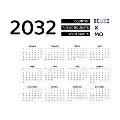 Calendar 2032 English language with Belize public holidays. Week starts from Monday. Graphic design vector illustration.