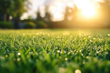 Fototapeta premium Morning dew glistens on fresh grass as sunlight breaks through the trees in a serene garden