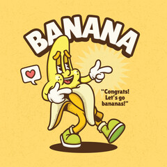Banana Trendy Retro Cartoon Vector Hand Drawn 