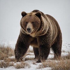 Obraz premium A realistic grizzly bear standing on all fours, sharp details, white background.