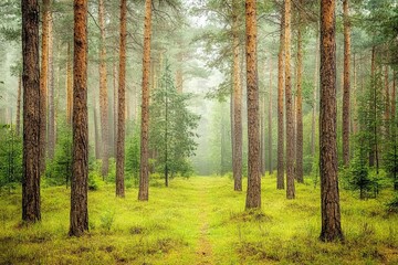 Fototapeta premium Mystical forest with tall trees in foggy weather. AI generated illustration
