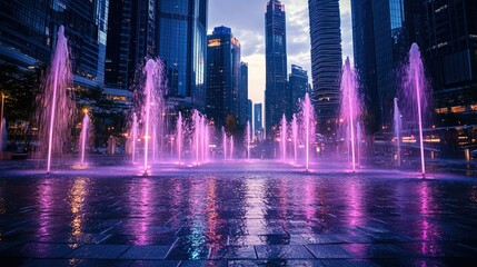 A panoramic shot of a city fountain with water jets lit in pink and purple tones, framed by tall modern buildings at night