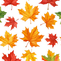 Obraz premium Seamless autumn maple leaf pattern featuring red and orange foliage is tiled across a transparent background suitable for seasonal textile design.