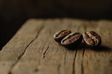 Obraz premium Rich brown coffee beans resting on a textured wooden surface in natural light