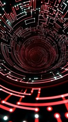 A glowing circuit board design arranged in a spiral pattern, fading into the darkness at the edges.