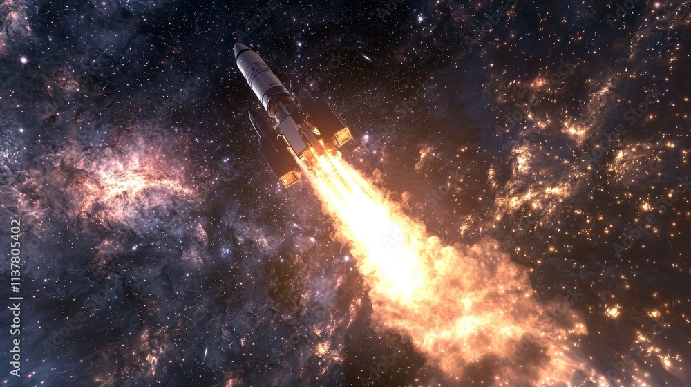 Poster rocket launch event space conceptual image cosmic environment high angle investment drive exploratio