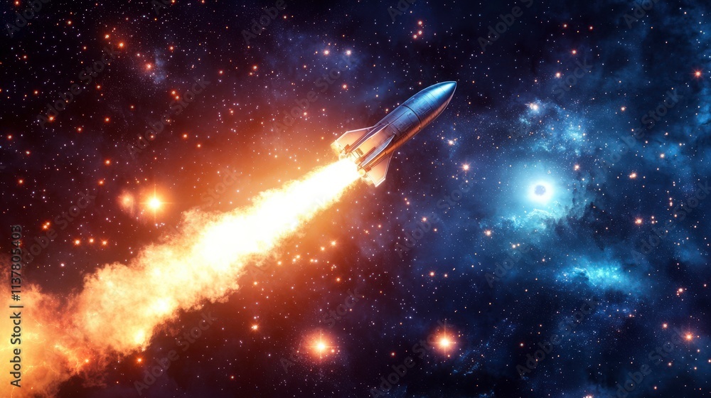 Poster rocket launching into space cosmic journey digital artwork galactic environment dynamic viewpoint in