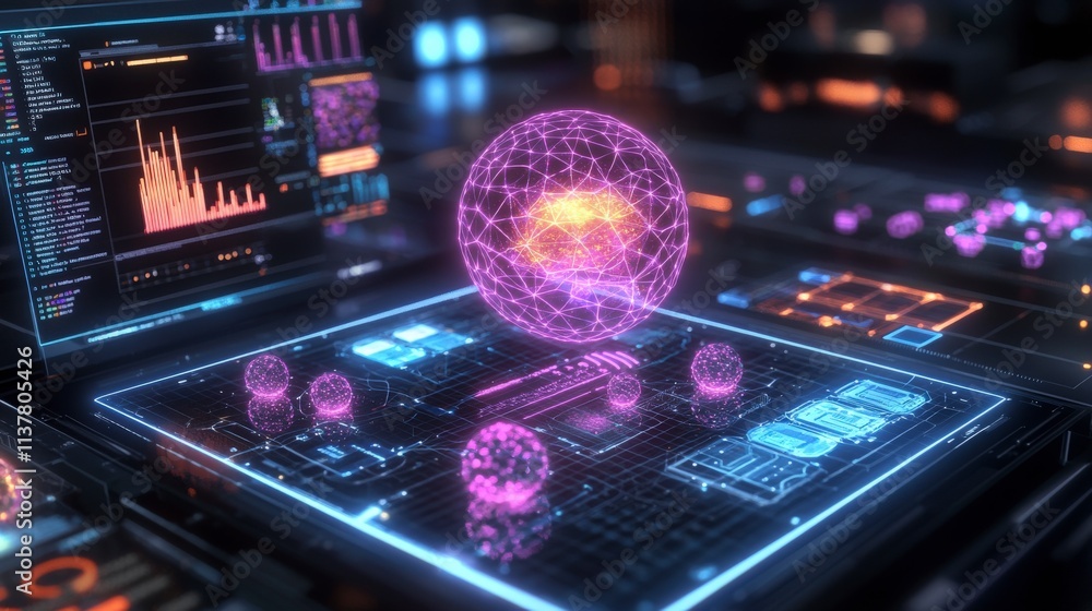 Aufkleber Quantum computing innovation in a futuristic lab digital art high-tech environment close-up view science concept