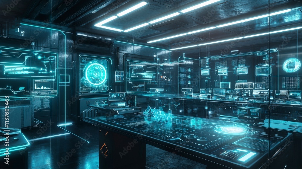 Aufkleber Futuristic control room design advanced technology environment virtual workspace digital innovation immersive perspective