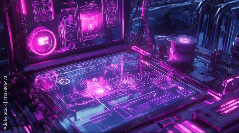 Poster Futuristic technological interface displaying advanced visualizations in a neon-lit environment