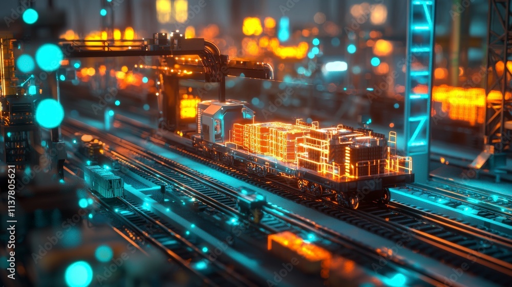 Fototapete Conceptual design of urban railway dynamic supply chain operations visualized in a futuristic aerial perspective