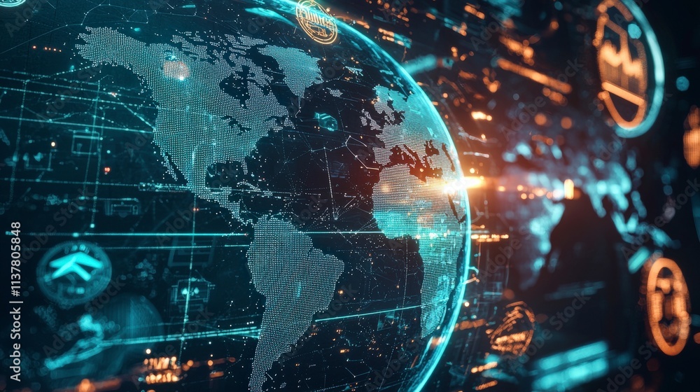 Poster global conflict analysis digital world map 3d visualization futuristic environment high-tech concept