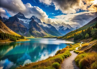 Obraz premium Scenic Mountain Valley Lake with Winding Path Under Blue Sky and White Clouds, Showcasing Snow-Capped Peaks and Tranquil Nature Landscape for Outdoor Enthusiasts and Travelers