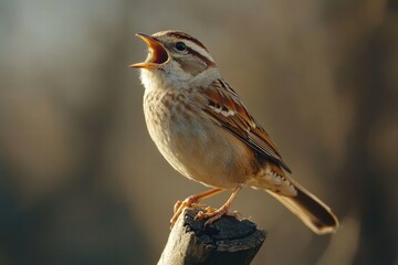 Fototapeta premium Bird sings joyfully on a branch during spring mornings in a natural habitat