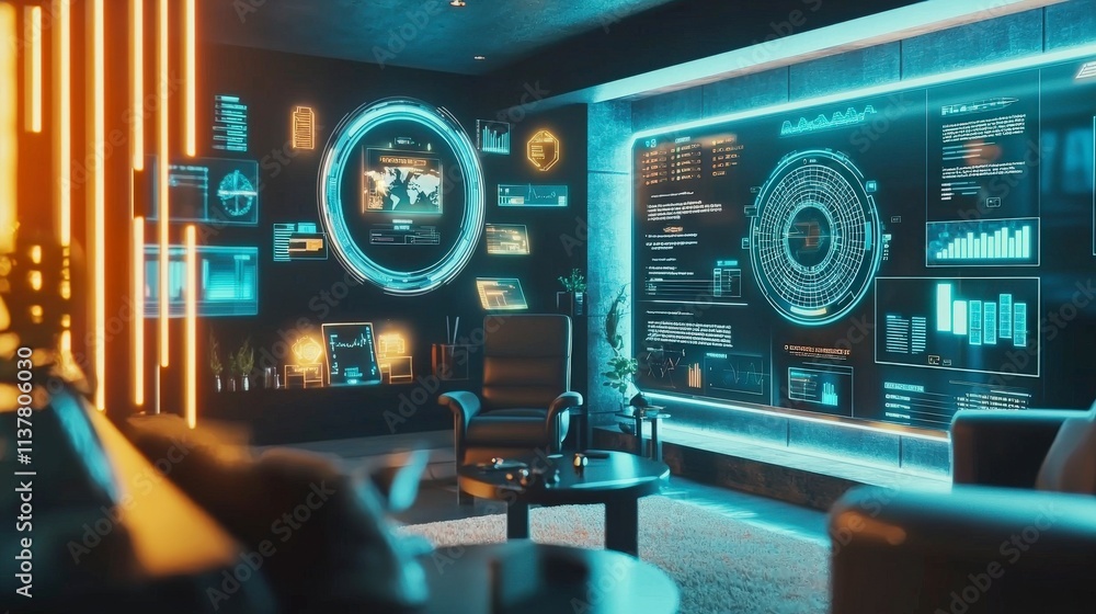 Poster Futuristic workspace with holographic tools modern office digital design high-tech environment immersive viewpoint