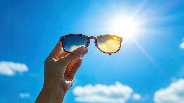 A playful shot of a hand flipping sunglasses upward, catching the sunlight against a bright azure sky