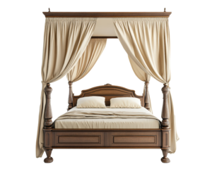 Elegant four poster bed with draped fabric, wooden frame, and soft bedding, perfect for luxurious bedroom setting