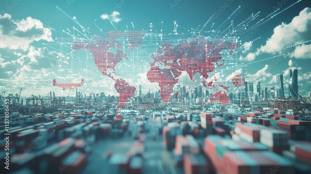 Aufkleber global trade dynamics urban landscape digital visualization technology-driven environment aerial vie
