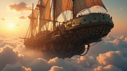 Naklejka premium A Massive Steampunk Airship Soaring Above the Clouds