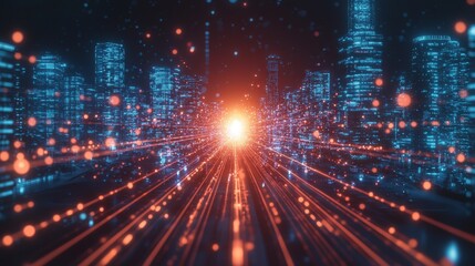 Obraz premium Dynamic urban light trails futuristic cityscape digital art neon environment eye-level view technological concept