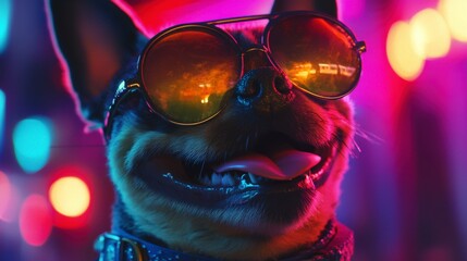 Ethical pet trade awareness campaign featuring a stylish dog in sunglasses urban setting digital art vibrant colors