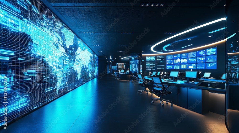 Poster High-tech it command center modern facility digital data visualization sleek environment futuristic viewpoint