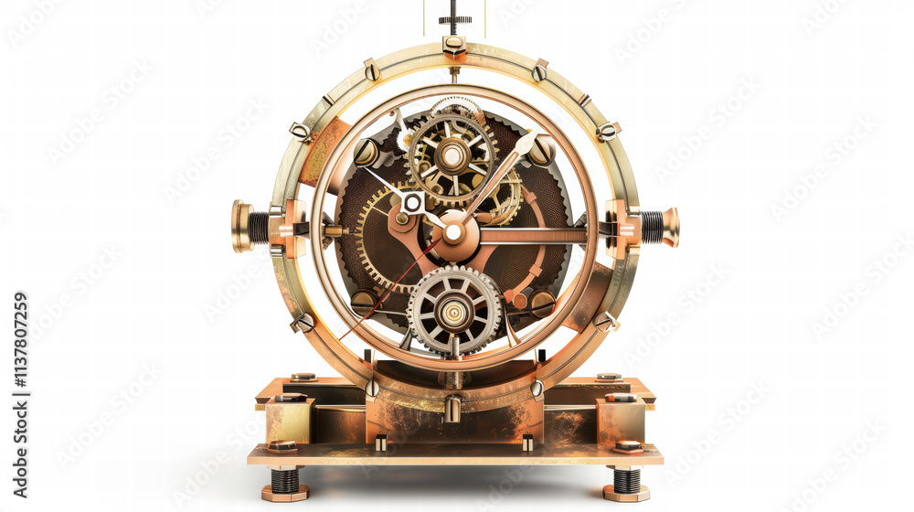 Poster mechanical clock with exposed gears showcases steampunk design, featuring intricate details and vint