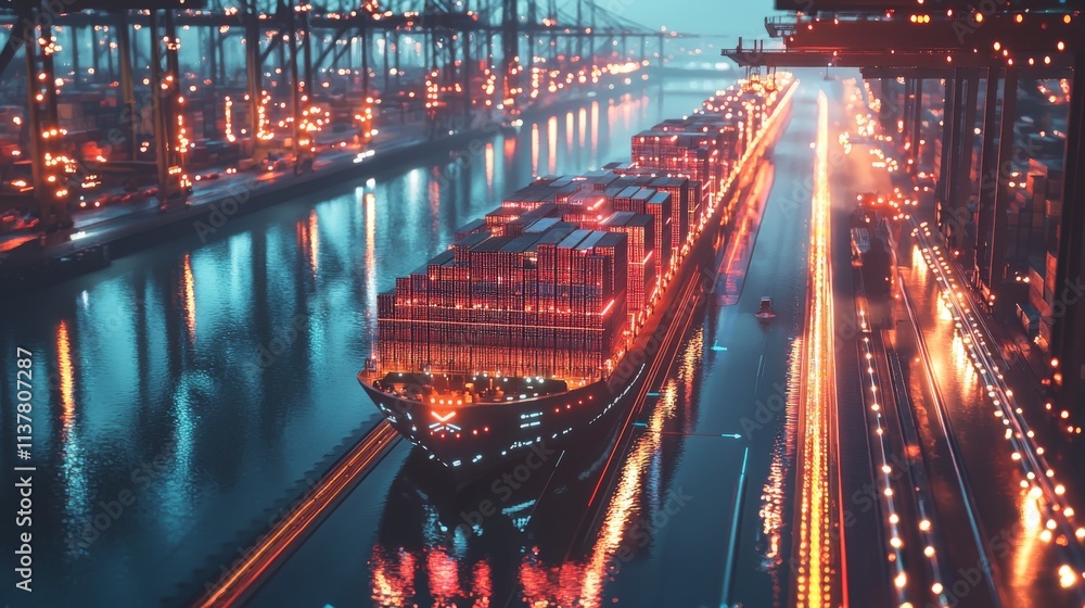 Poster container ship navigating busy port global trade hub aerial view industrial landscape ai in supply c