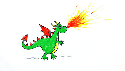 Fototapeta premium Green dragon standing on two legs and spewing fire, naive children's drawing with colored crayons on white paper. 