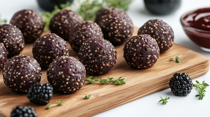 Delicious blackberry energy balls coated in sesame seeds on a wooden board.